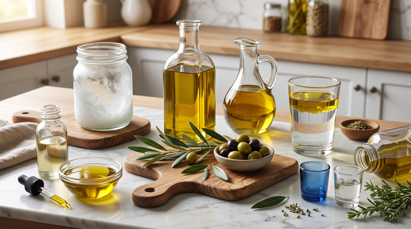 Doğal zeytinyağı şişesi, taze zeytin dalları ve tadım bardağı